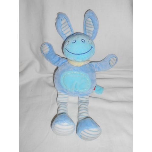 Ane Doudou Tex Baby Cheval Lapin Bleu Vert Blanc Raye Peluche Carrefour De 30 Cms + Oreilles De 7 Cms Echarpe Foulard Bandana Jaune