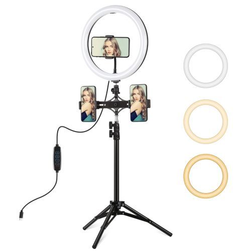 Anneau lumineux LED PULUZ 11,8 pouces 30 cm  intensit variable, interface Type-C + trpied PU419 + barre horizontale  double position PU394, ensemble de diffusion en direct, pince pour tlphone portable (couleur : noir) - 4,7 pouces