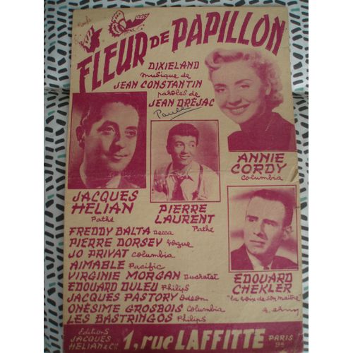 Annie Cordy / Jacques Helian / Pierre Laurent / Edouard Chekler / Partition Fleur De Papillon.