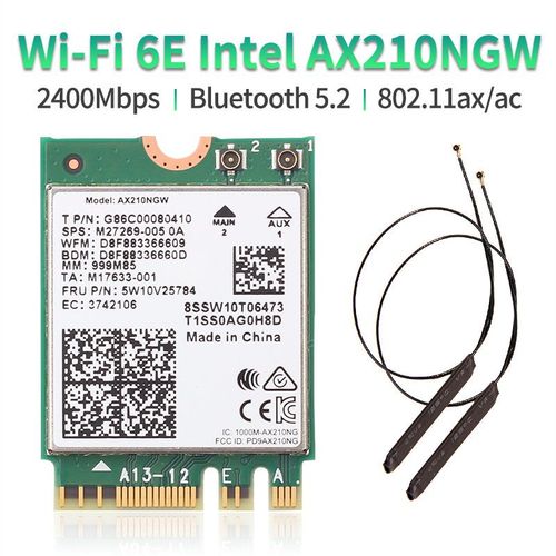 Antenne AX210NGW - Carte Wifi Sans Fil Intel Ax210 802.11ax 6e, Bluetooth 5.2, 5374mbps, M.2, 2.4ghz/5g/6g, Avec Kit D'antenne Win11