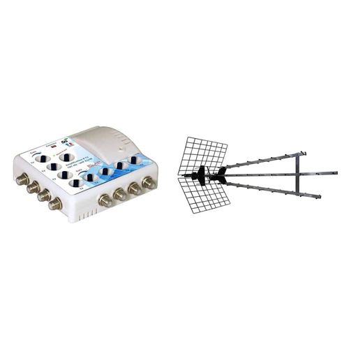 Antenne d'extrieur Trinappe amplifie 57 dB UHF 4K HD Metronic 415049 + Amplificateur TV TNT Intrieur 8 S Filtre 4G Blanc 372018