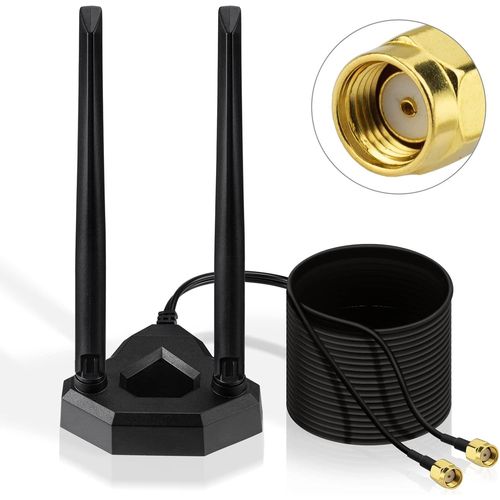 Antenne WiFi Omnidirectionnelle 2.4G / 5.8G Routeur de Bureau Rpteur de Signal d'antenne Double Base Magntique avec Cble d'extension RP-SMA 200cm pour Cartes WiFi Carte PCI
