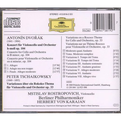 Antonin Dvorak Concerto Pour Violoncelle Et Orchestre En Si Mineur Op 104 P.I Tchaikovsky Variations Rococo Op 33 Par Mstislav Rostropovitch Violoncelle Berliner Philharmoniker Dir Herbert Von Karajan - Antonin Anton Dvorak Concerto Pour Violoncelle Et Orchestre En Si Mineur Op 104 Piotr Ilyich Tchaikovsky Tchaikovski Variations Sur Un Thme Rococo Op 33 Pour Violoncelle Et Orchestre