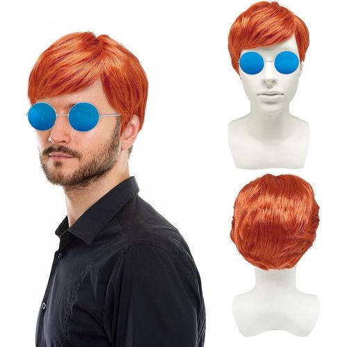 Anwxai-2pcs Perruque Homme Avec Lunettes De Soleil Ginger Wig Boyband Perruque Dguisement Perruque Orange Perruque Homme Punk Rock Perruque Dguisement Accessoires Pour Fte Carnaval(Orange)