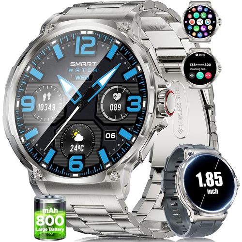 Anwxai-Montre Connecte Homme Avec 800 Mah Grande Batterie 1,85 Hd Cadran Rond Bluetooth Appels Smartwatch Homme Pour Ios Android,Pedometro,Calorie,100+ Modes Sport,Cadran Diy,Argent Acier