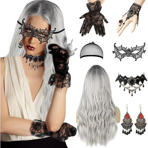 Anwxai-Perruque Halloween Femme Perruque Grise,Set De 7 Perruques Femme,70cm Halloween Wig Ladies Grey,Long Wavy Silver Grey Wig,Necklace Bracelet Lace Gloves Earrings Mask For Halloween Masquerade Cosplay