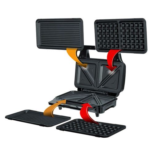Appareil  Sandwich maker 3 en 1, Plaques Interchangeables, Gaufrier, Grille 900W Noir/Argent MPM MOP-23M