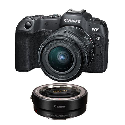 Appareil photo Canon EOS R8 + objectif RF 24-50 mm f4.5-6.3 IS STM + adaptateur de monture EF-EOS R