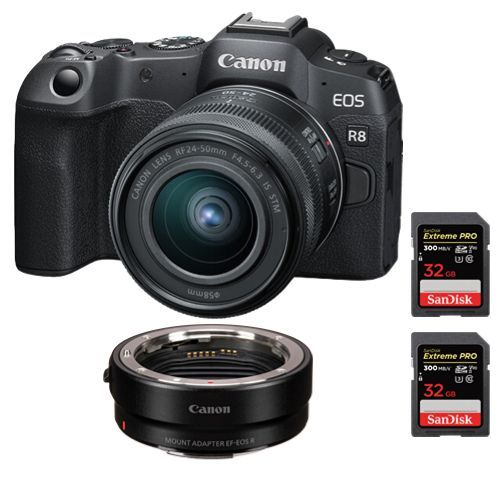 Appareil photo Canon EOS R8 + objectif RF 24-50mm f4.5-6.3 IS STM + adaptateur de montage EF-EOS R + 2 SanDisk 32 Go Extreme Pro SDHC USH-II 4K U3 300 Mo/s 2 pices
