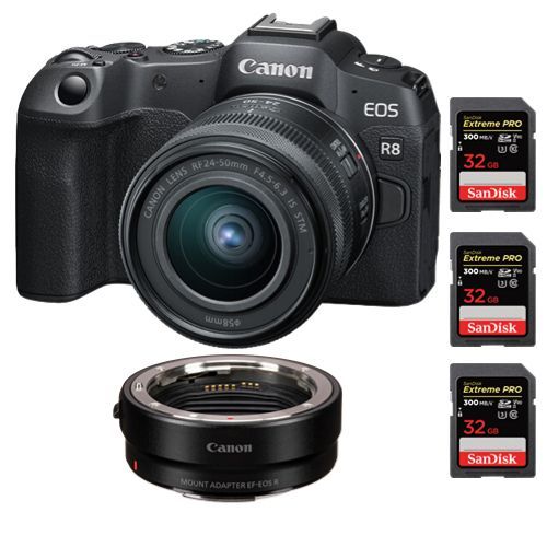 Appareil photo Canon EOS R8 + objectif RF 24-50mm f4.5-6.3 IS STM + adaptateur de montage EF-EOS R + 3 SanDisk 32 Go Extreme Pro SDHC USH-II 4K U3 300 Mo/s