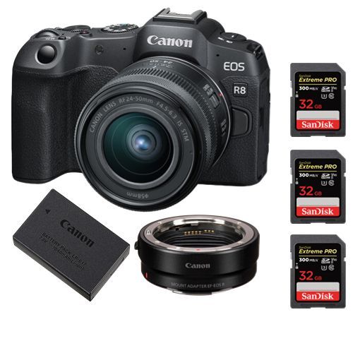 Appareil photo Canon EOS R8 + objectif RF 24-50mm f4.5-6.3 IS STM + adaptateur de montage EF-EOS R + batterie LP-E17 + 3 SanDisk 32 Go Extreme Pro SDHC USH-II 4K U3 300 Mo/s