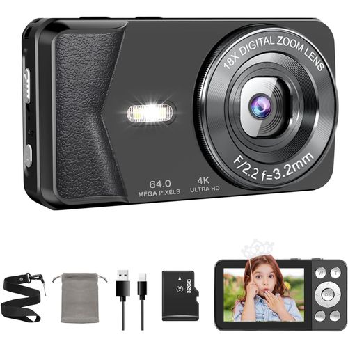 Appareil Photo Numrique 4K 64 Mp, Autofocus, Appareil Photo Compact Avec Zoom Numrique 18X, cran 2,8