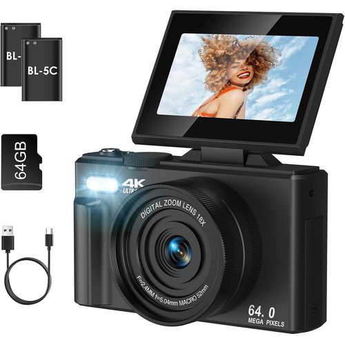Appareil Photo Numrique 4K Avec Transfert Wifi, Vlogging 64 Mp, Zoom 18X Et cran Rabattable De 3