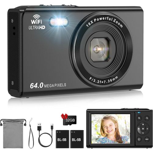 Appareil Photo Numrique 4K Fhd 64 Mp Pour Enfants Avec Carte Sd De 32 Go, Zoom Numrique 16X Avec 2 Batteries, cran Lcd De 7,1 Cm, Mini Camra Pour Enfants, Garons, Filles, Noir