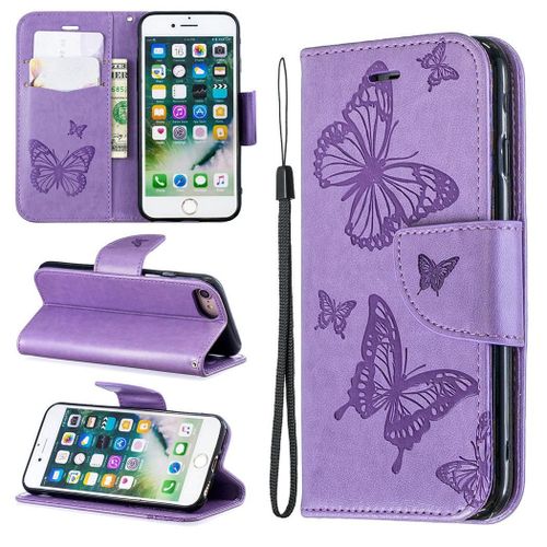 Apple Iphone 7 / Iphone 8 Coque, Saturcase Papillon Gaufrage Pu Cuir Magntique Flip Portefeuille Support Porte-Carte Protecteur Coque Housse tui Avec Dragonne Pour Apple Iphone 7 / Iphone 8 (Violet)