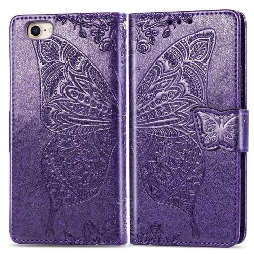 Apple Iphone 7 / Iphone 8 Coque, Saturcase Papillon Gaufrage Pu Cuir Magntique Flip Portefeuille Support Porte-Carte Protecteur Coque Housse tui Avec Dragonne Pour Apple Iphone 7 / Iphone 8 (Violet)