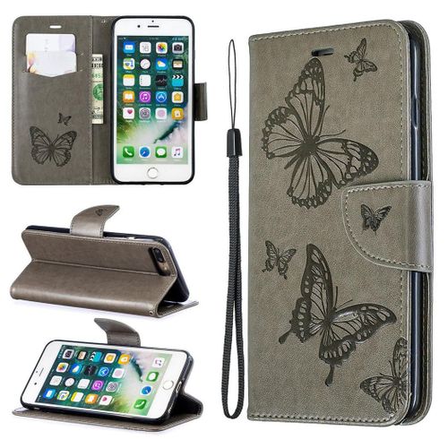 Apple Iphone 7 Plus / 8 Plus Coque, Saturcase Papillon Pu Cuir Magntique Flip Portefeuille Support Porte-Carte Protecteur Coque Housse tui Avec Dragonne Pour Apple Iphone 7 Plus / 8 Plus (Gris)
