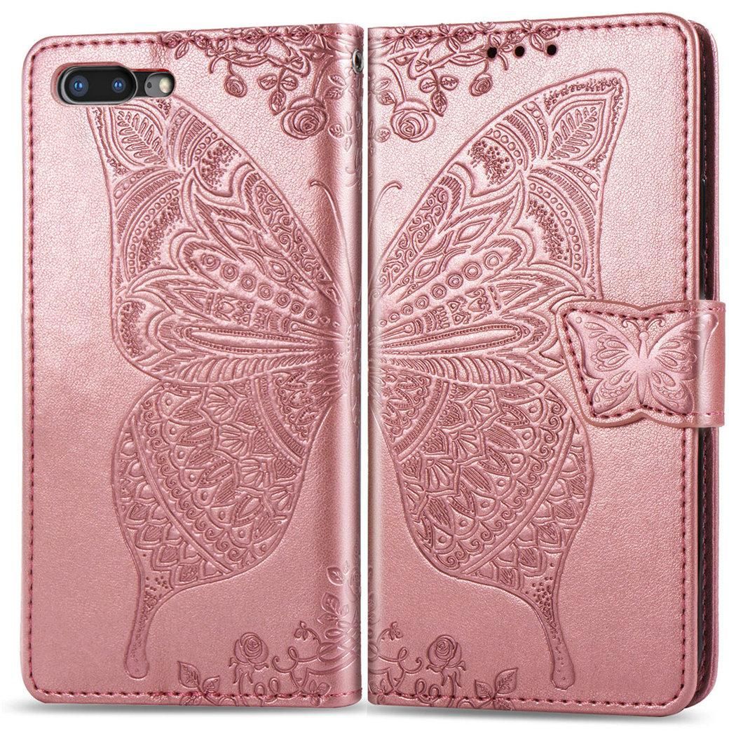 Apple Iphone 7 Plus / 8 Plus Coque, Saturcase Papillon Pu Cuir Magntique Flip Portefeuille Support Porte-Carte Protecteur Coque Housse tui Avec Dragonne Pour Apple Iphone 7 Plus / 8 Plus (Or Rose)