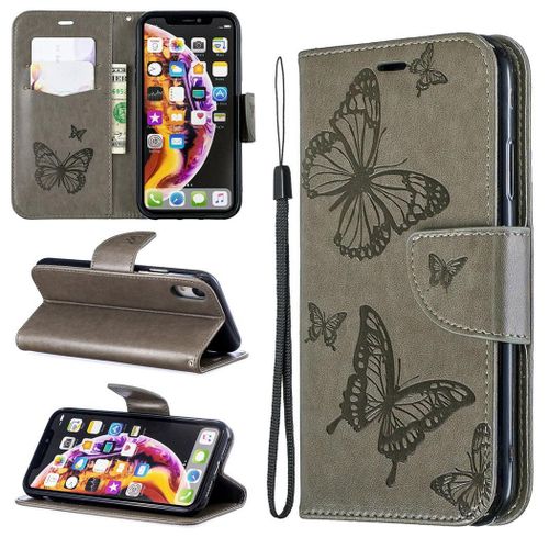 Apple Iphone Xr Coque, Saturcase Papillon Gaufrage Pu Cuir Magntique Flip Portefeuille Support Porte-Carte Protecteur Coque Housse tui Avec Dragonne Pour Apple Iphone Xr (Gris)