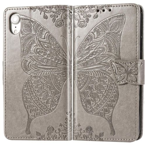 Apple Iphone Xr Coque, Saturcase Papillon Gaufrage Pu Cuir Magntique Flip Portefeuille Support Porte-Carte Protecteur Coque Housse tui Avec Dragonne Pour Apple Iphone Xr (Gris)