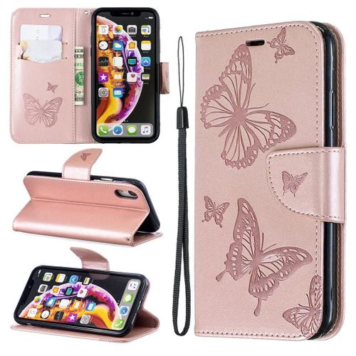 Apple Iphone Xr Coque, Saturcase Papillon Gaufrage Pu Cuir Magntique Flip Portefeuille Support Porte-Carte Protecteur Coque Housse tui Avec Dragonne Pour Apple Iphone Xr (Or)