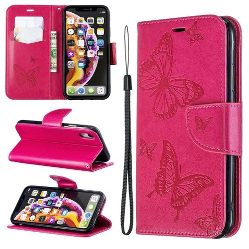 Apple Iphone Xr Coque, Saturcase Papillon Gaufrage Pu Cuir Magntique Flip Portefeuille Support Porte-Carte Protecteur Coque Housse tui Avec Dragonne Pour Apple Iphone Xr (Rose)