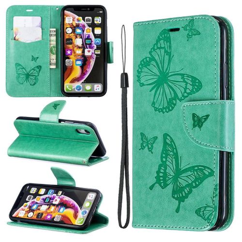 Apple Iphone Xr Coque, Saturcase Papillon Gaufrage Pu Cuir Magntique Flip Portefeuille Support Porte-Carte Protecteur Coque Housse tui Avec Dragonne Pour Apple Iphone Xr (Vert)