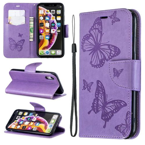 Apple Iphone Xr Coque, Saturcase Papillon Gaufrage Pu Cuir Magntique Flip Portefeuille Support Porte-Carte Protecteur Coque Housse tui Avec Dragonne Pour Apple Iphone Xr (Violet)