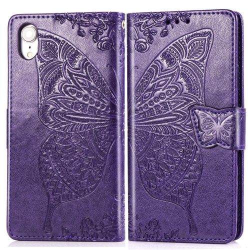 Apple Iphone Xr Coque, Saturcase Papillon Gaufrage Pu Cuir Magntique Flip Portefeuille Support Porte-Carte Protecteur Coque Housse tui Avec Dragonne Pour Apple Iphone Xr (Violet)