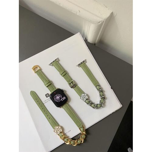 Applicable  Apple Watch Apple 7 Bracelet Petit Parfum Style Camlia Double Cercle Diamant Iwatch86 Bracelet Niche-Fleur Argente Double Cercle Verte - 38 Mm/40 Mm/41 Mm