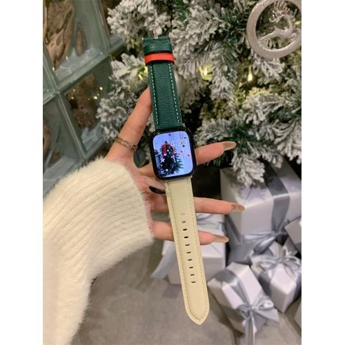 Applicable  S9iwatch8765 Apple Watch Se Cuir Souple Modle De Nol Nouveau Bracelet En Cuir D'agneau Limit Modle pais-Version paisse - Vert Et Beige - 38 Mm/41 Mm/40 Mm