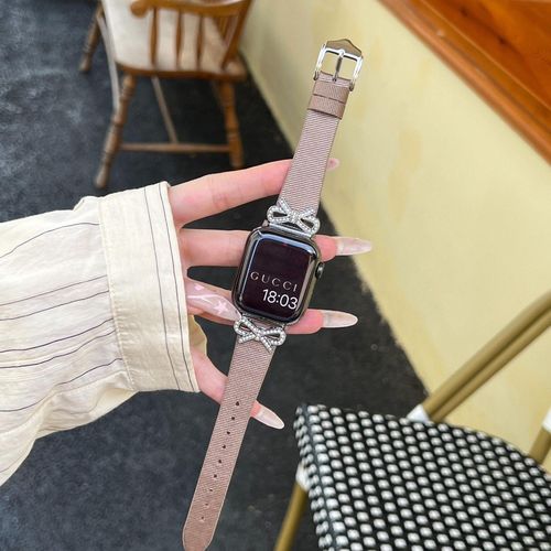 Applicable Au Bracelet Apple Watch Apple Watch 678 Femme Se Bracelet S8 Nouveau Mtal Avanc Et Cuir Vritable-Papillon En Soie - Argent, Marron Sable - 42 Mm/44 Mm/45 Mm/49 Mm