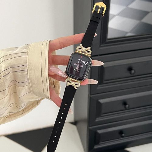 Applicable Au Bracelet Apple Watch Apple Watch 678 Femme Se Bracelet S8 Nouveau Mtal Avanc Et Cuir Vritable-Papillon En Soie - Noir Dor - 42 Mm/44 Mm/45 Mm/49 Mm