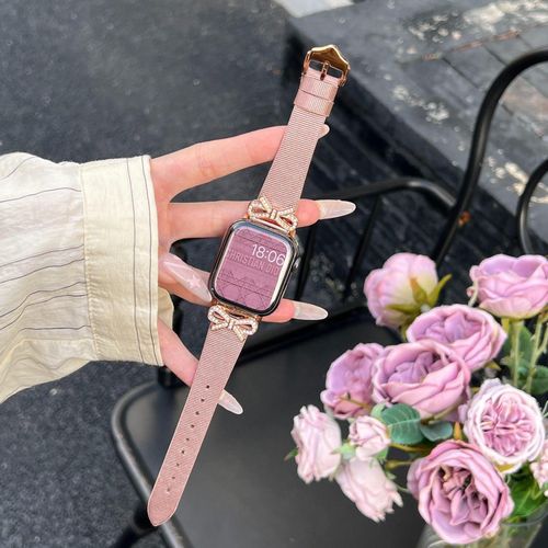 Applicable Au Bracelet Apple Watch Apple Watch 678 Femme Se Bracelet S8 Nouveau Mtal Avanc Et Cuir Vritable-Papillon En Soie - Poudre De Sable - 42 Mm/44 Mm/45 Mm/49 Mm
