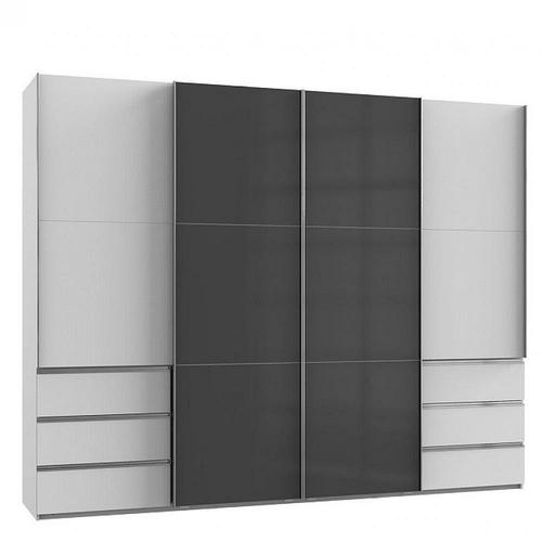 Armoire Coulissante Lisea 4 Portes 6 Tiroirs Blanc Verre Anthracite 300 X 236 Cm Ht