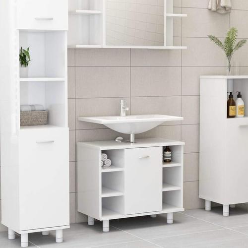 Armoire De Salle De Bain Blanc Brillant 60x32x53,5 Cm Agglomr,Meuble Vasque Salle De Bain,Meuble Salle De Bain Vasque