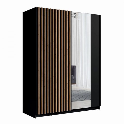 Armoire Design 150cm Coloris Noir Et Chne Collection Strano. Deux Portes Coulissantes. Dressing Complet Avec Miroir.