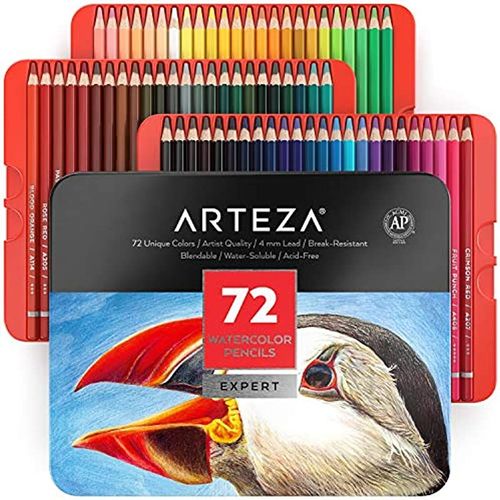 Arteza Crayons De Couleur Aquarelle En Bois Boîte Rangement Métal Set