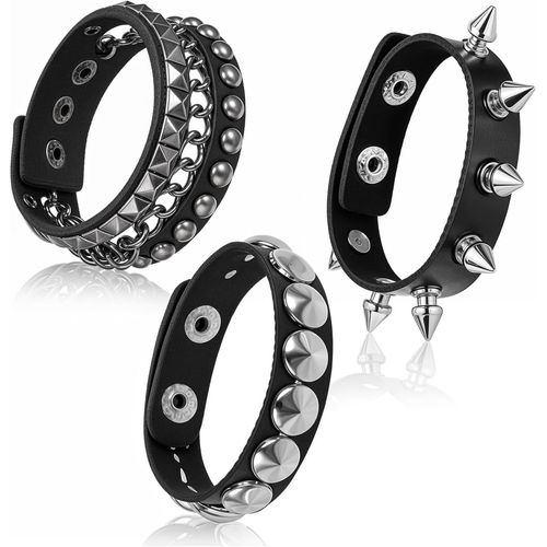 Asas-3 Pices Bracelet Cuir Homme Femme  Tiges Noir  Pointes Emo Punk Gothique  Pointes En Cuir Ensemble De Manchettes Rglables Bracelet Punk Rock Bijoux Des Annes 80 Fte