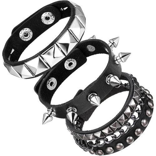 Asas-3 Pices Punk Bracelet  Goujons En Cuir Punk Rock Bracelet Noir Avec Clous Bracelet Manchette  Goujons D'halloween Rglable Bracelet En Cuir Gothique Des Annes 80 Pour Hommes Femmes