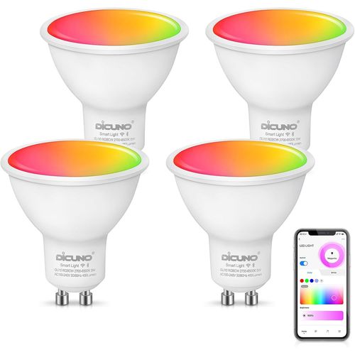 Asas-Dicuno Ampoule Connecte Led Gu10,Ampoule Wifi Led Intelligente Compatible Avec Alexa Et Google Home,Spot Gu10 5w Dimmablemulticouleur 2700k-6500k Rgbcw,320lm,Sans Hub Requis,4 Pices