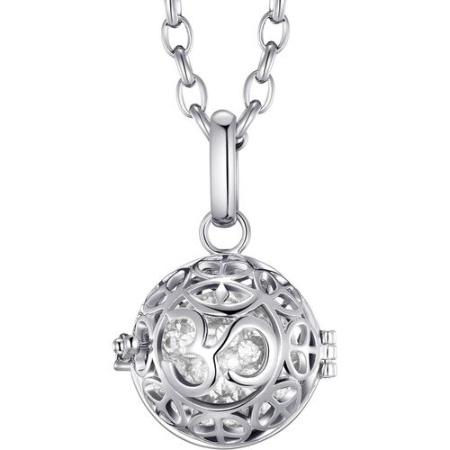 Asas-Femme Collier Ange Gardien En Acier Inoxydable 70 Cm Avec Om Mantra Et Boule Sonore En Zircons Dans Une Pochette En Velours