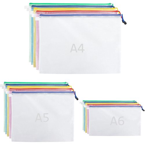Asas-Lot De 15 Porte-Documents En Maille Avec Fermeture clair-3 Tailles A4 + A5 + A6-5 Couleurs