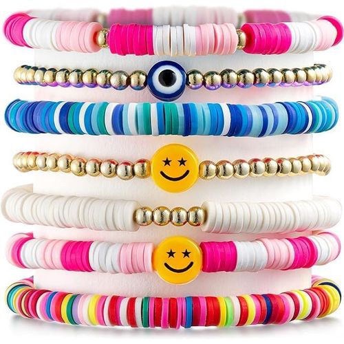 Asas-Lot De 7 Bracelets Preppy Empilables Multicolores Happy Smile Evil Eyes Extensibles Y2k-Breloques Faites  La Main Pour Filles-Accessoires De Plage-Cadeaux D'anniversaire