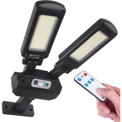 Asas-Mce447 Lampadaire Solaire Avec Dtecteur Demouvement Et De Crpuscule Ip54 5w 2x 450 Lumens 6500k Deux Sources Lumineuses Tlcommande Lampe Solairemurale Extrieure