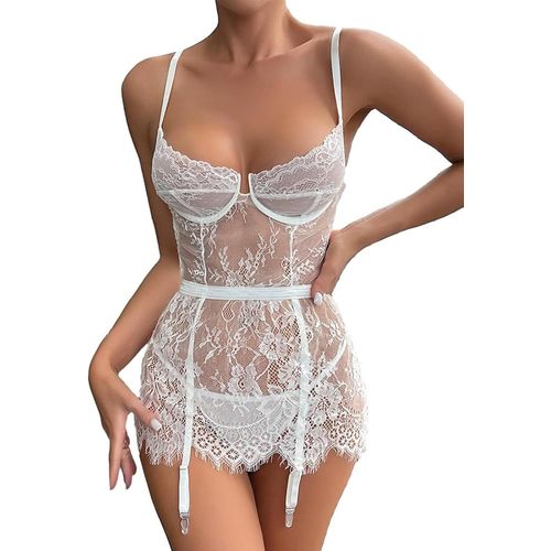 Asas-Mizspise Robe Femme Elegant Lingerie Dentelle Sexy Porte Jarretelle Robe Courte Transparente Nuisette Tenue Coquine Mini Robe De Nuit Sans Manche Bretelles Rglables Blanc Noir