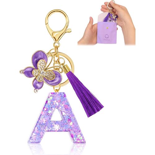 Asas-Porte-Cls Pour Fille Lettre,Porte-Cls Pour Femme Avec Lettre Initiale,Alphabet Pendentif Initiale En Rsine,Keyring Avec Pendentif Papillon Et Pampille,Cadeau Pour Femme Violet