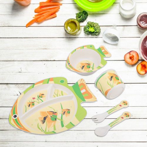 Assiette A Nourriture Pour Bebe, Motif Poisson, Dessin Anime, Fourchette, Cuillere, Tasse, Ensemble De Vaisselle (Jaune)