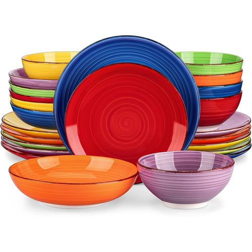 Assiette Service De Table 24 Pices,Dsign Bas Au Radian, Service Vaiselle 6 Personnes 6 Assiettes Plates, 6 Assiettes  Salade, 6 Assiettes Creuses Et 6 Bols, Multicolor