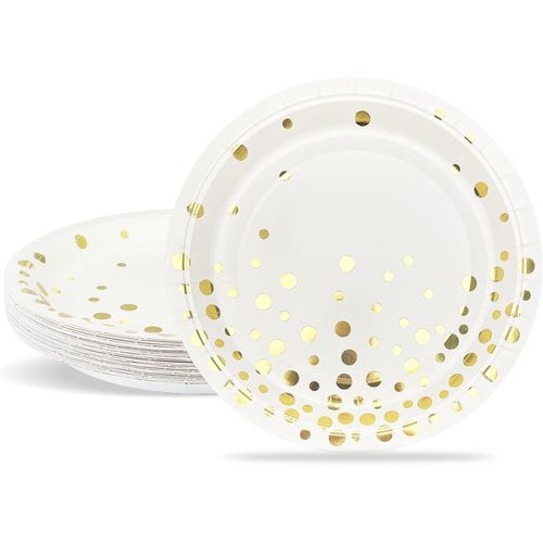 Assiettes  Dessert 18cm Paillettes Dores Assiettes En Carton Jetables Blanc 24 Pices Vaisselle Jetable Pour Baptme, Anniversaire, Mariage